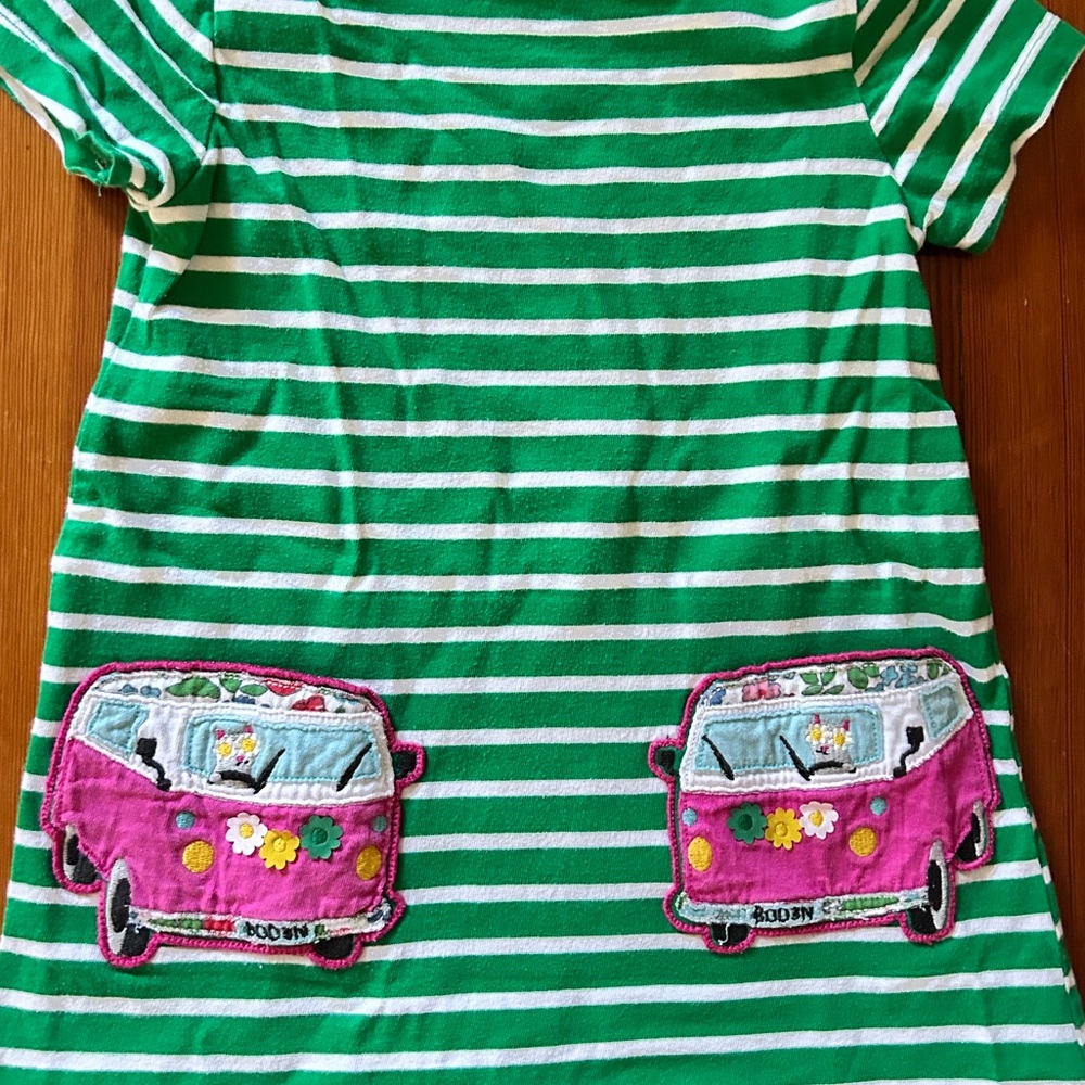 Mini Boden Green Striped Appliqué Tunic Top, Cat In Hippy Van Bus, EUC Size 3-4Y - Picture 2 of 5